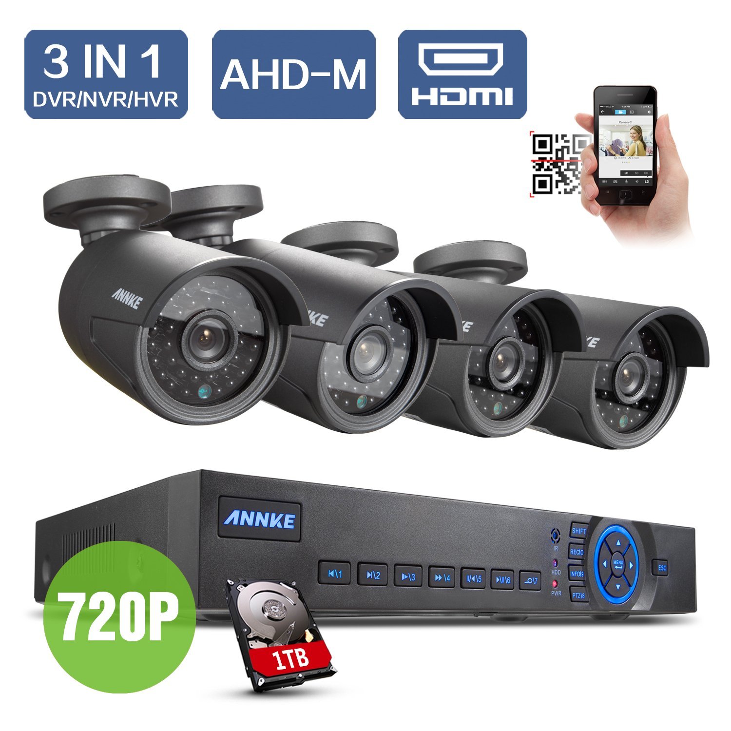 Annke AHD 720p 8CH Surveillance HVR:DVR:NVR 3 in 1 Security Camera System