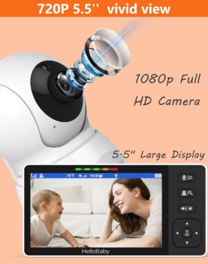 HelloBaby 720P 5.5'' HD Video Baby Monitor No WiFi, Remote Pan Tilt Zoom